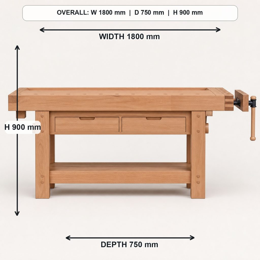 professional solid-beech woodworking workbench side elevation and depth, overall dimensions 1800 mm wide x 750 mm deep x 900 mm high
