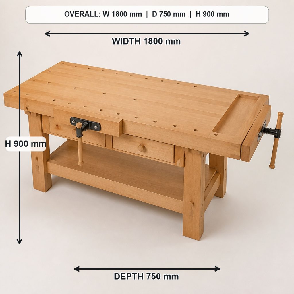 professional solid-beech woodworking workbench top view and usable surface, overall dimensions 1800 mm wide x 750 mm deep x 900 mm high