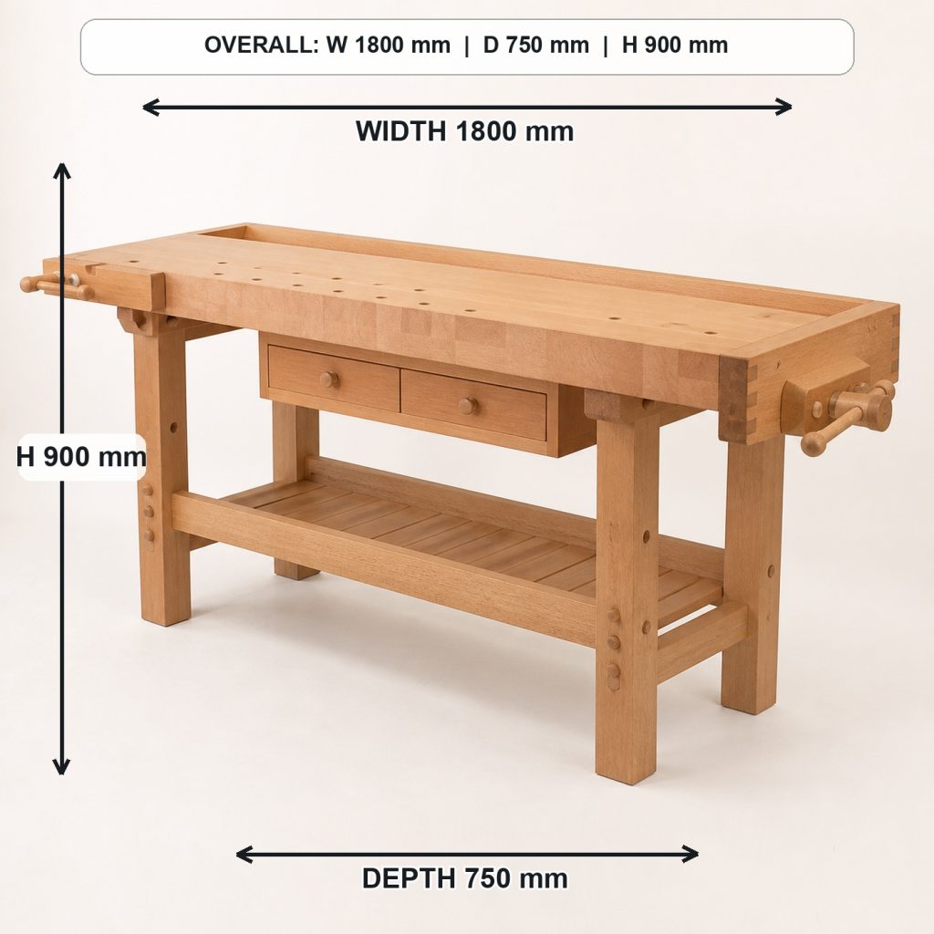 professional solid-beech woodworking workbench rear construction and support, overall dimensions 1800 mm wide x 750 mm deep x 900 mm high