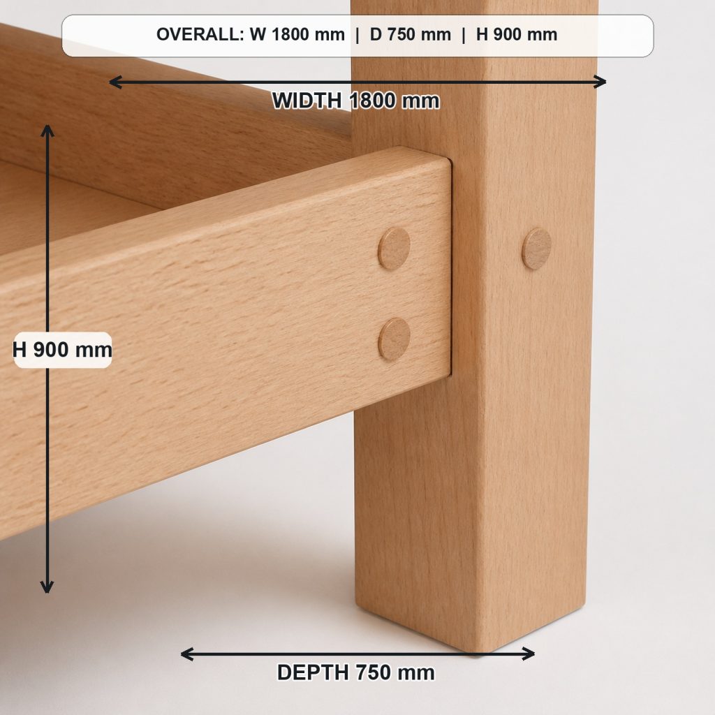 professional solid-beech woodworking workbench primary joinery detail, overall dimensions 1800 mm wide x 750 mm deep x 900 mm high