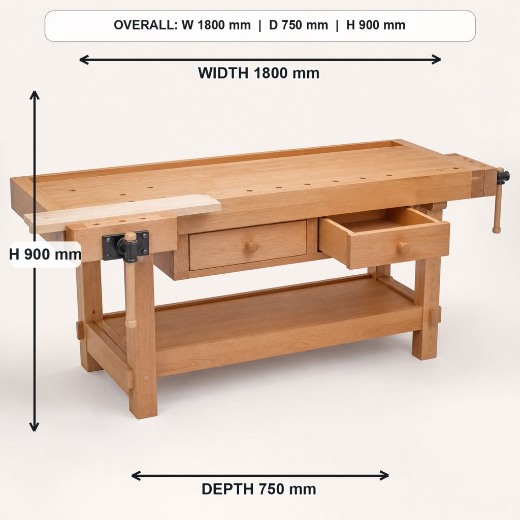professional solid-beech woodworking workbench storage or functional detail, overall dimensions 1800 mm wide x 750 mm deep x 900 mm high