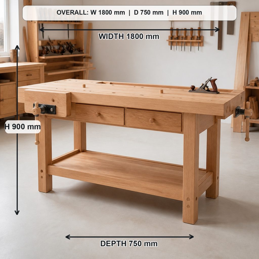 professional solid-beech woodworking workbench exploded construction overview, overall dimensions 1800 mm wide x 750 mm deep x 900 mm high