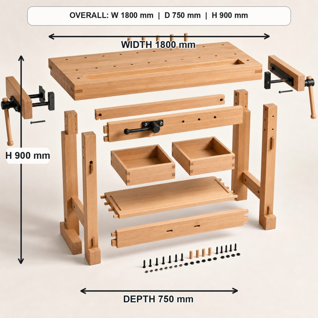 professional solid-beech woodworking workbench project shown in a real room, overall dimensions 1800 mm wide x 750 mm deep x 900 mm high