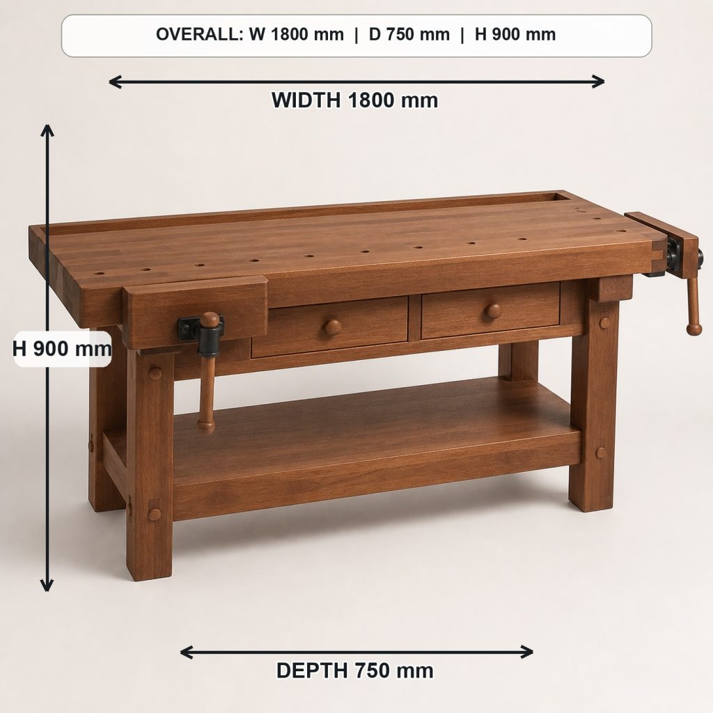 professional solid-beech woodworking workbench finished project variation, overall dimensions 1800 mm wide x 750 mm deep x 900 mm high