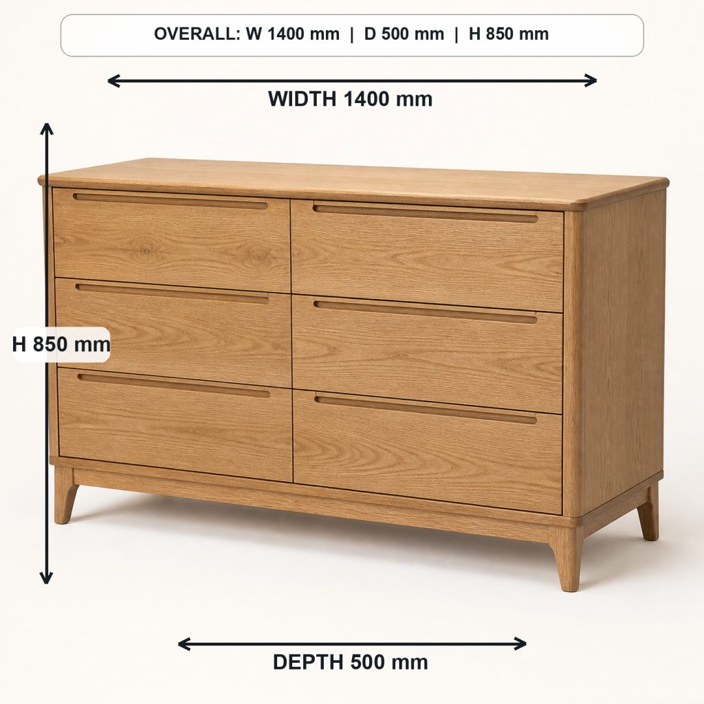 modern solid-oak six-drawer dresser complete three-quarter project view, overall dimensions 1400 mm wide x 500 mm deep x 850 mm high