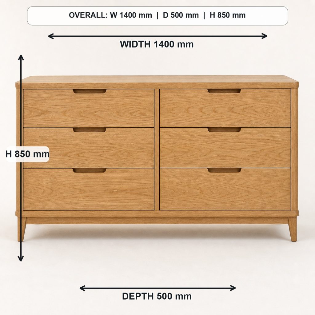 modern solid-oak six-drawer dresser front elevation and overall proportions, overall dimensions 1400 mm wide x 500 mm deep x 850 mm high