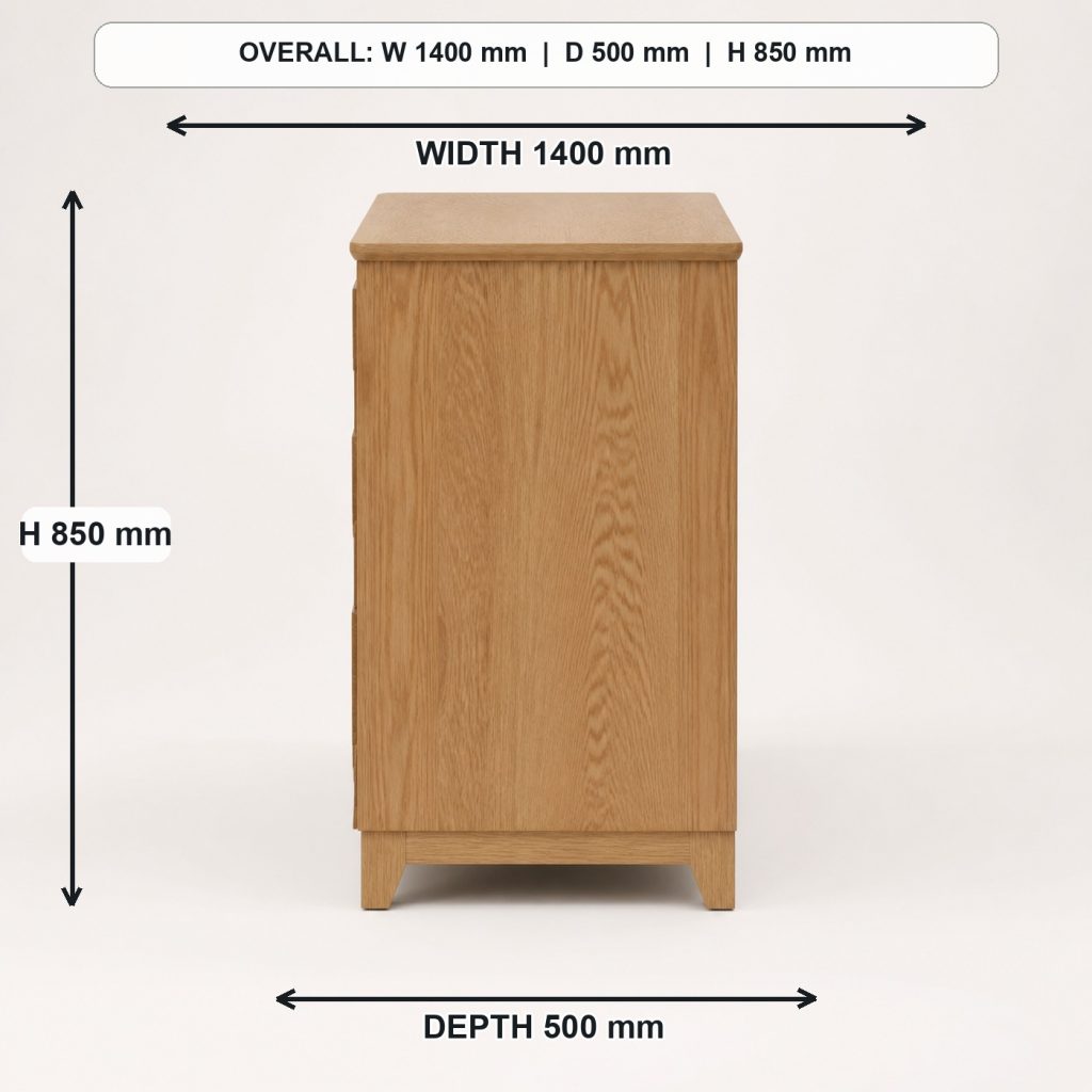 modern solid-oak six-drawer dresser side elevation and depth, overall dimensions 1400 mm wide x 500 mm deep x 850 mm high