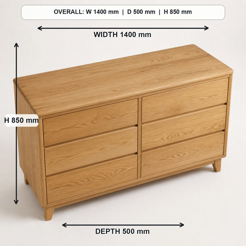 modern solid-oak six-drawer dresser top view and usable surface, overall dimensions 1400 mm wide x 500 mm deep x 850 mm high