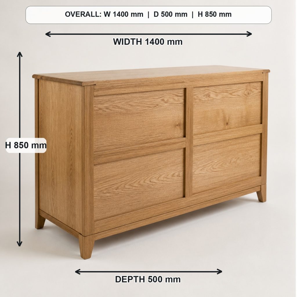 modern solid-oak six-drawer dresser rear construction and support, overall dimensions 1400 mm wide x 500 mm deep x 850 mm high