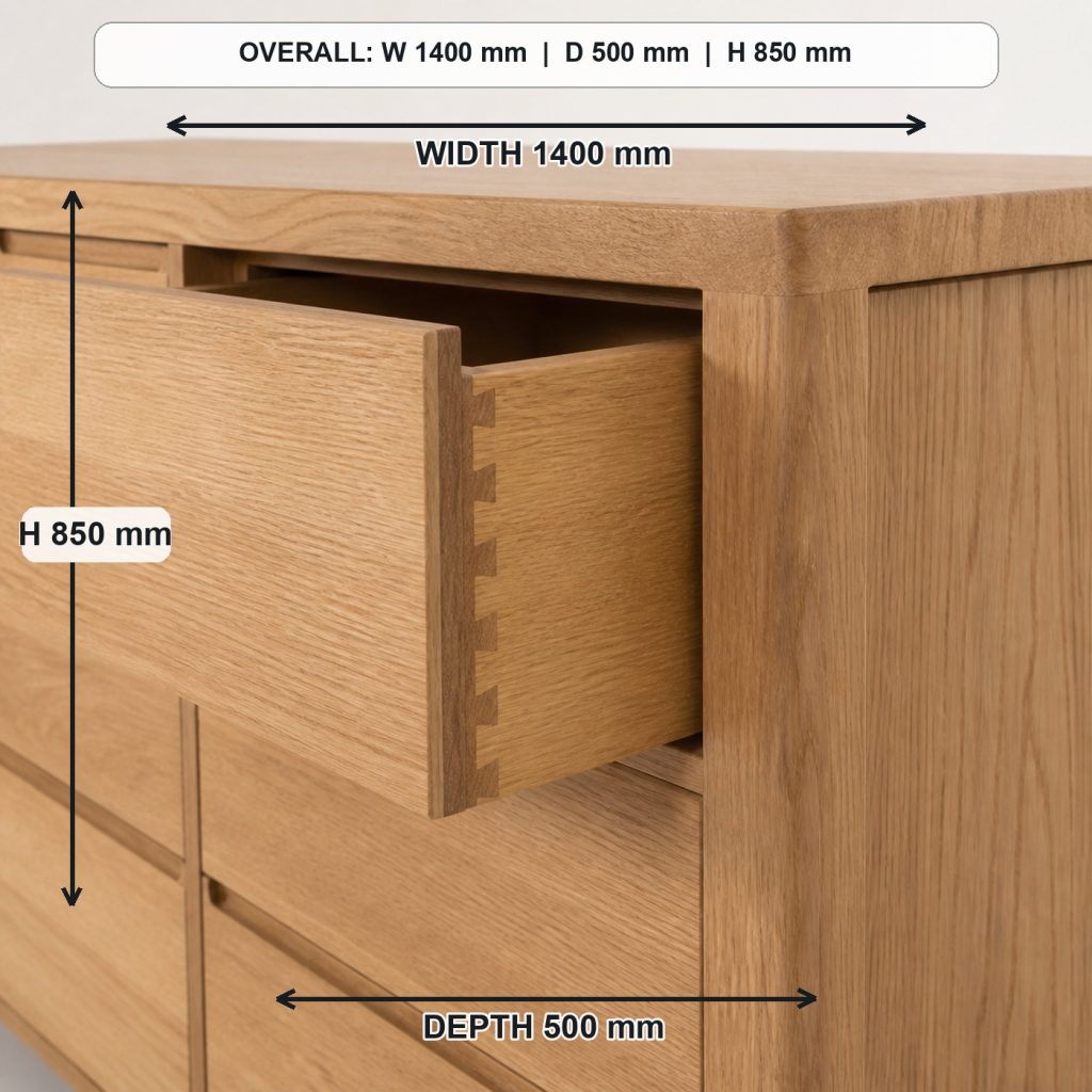 modern solid-oak six-drawer dresser primary joinery detail, overall dimensions 1400 mm wide x 500 mm deep x 850 mm high