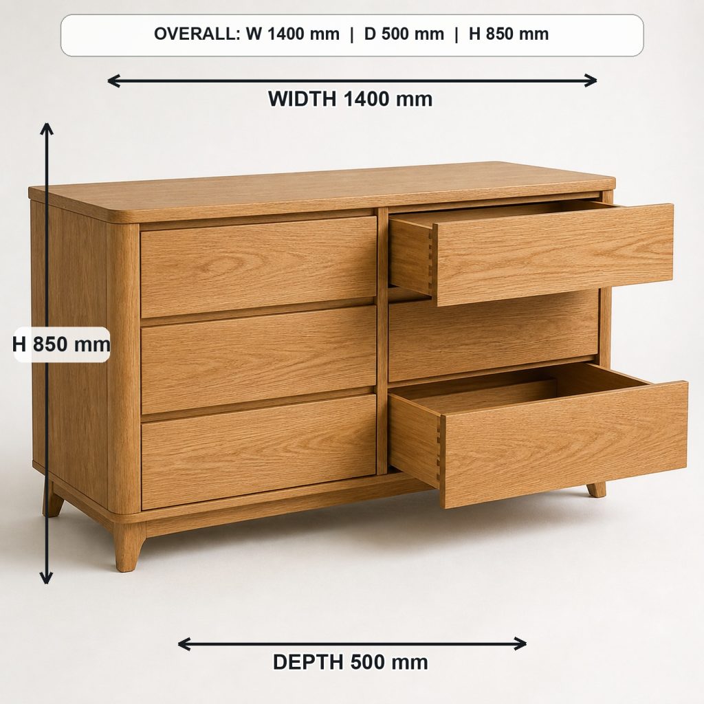 modern solid-oak six-drawer dresser storage or functional detail, overall dimensions 1400 mm wide x 500 mm deep x 850 mm high