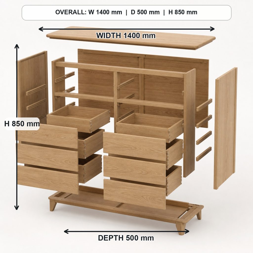 modern solid-oak six-drawer dresser exploded construction overview, overall dimensions 1400 mm wide x 500 mm deep x 850 mm high