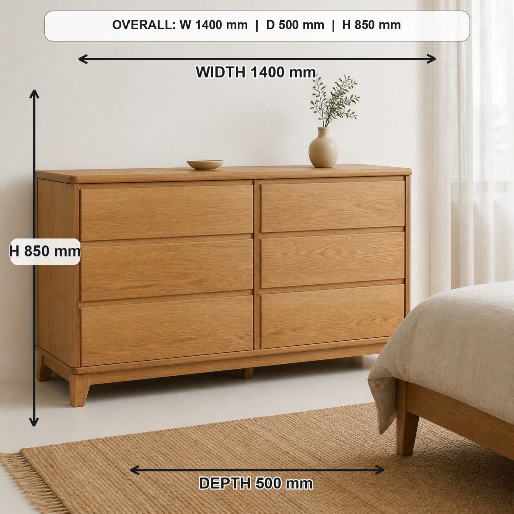 modern solid-oak six-drawer dresser project shown in a real room, overall dimensions 1400 mm wide x 500 mm deep x 850 mm high