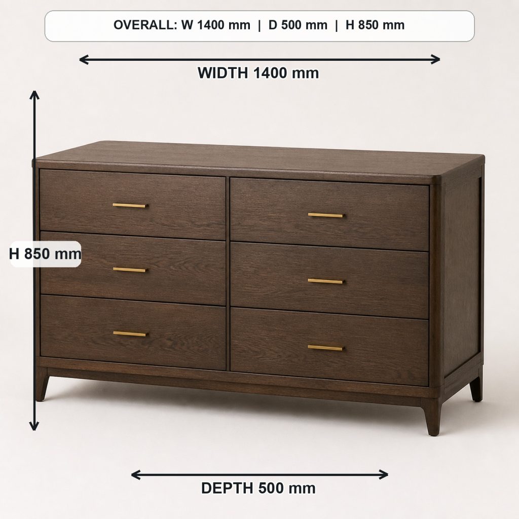 modern solid-oak six-drawer dresser finished project variation, overall dimensions 1400 mm wide x 500 mm deep x 850 mm high