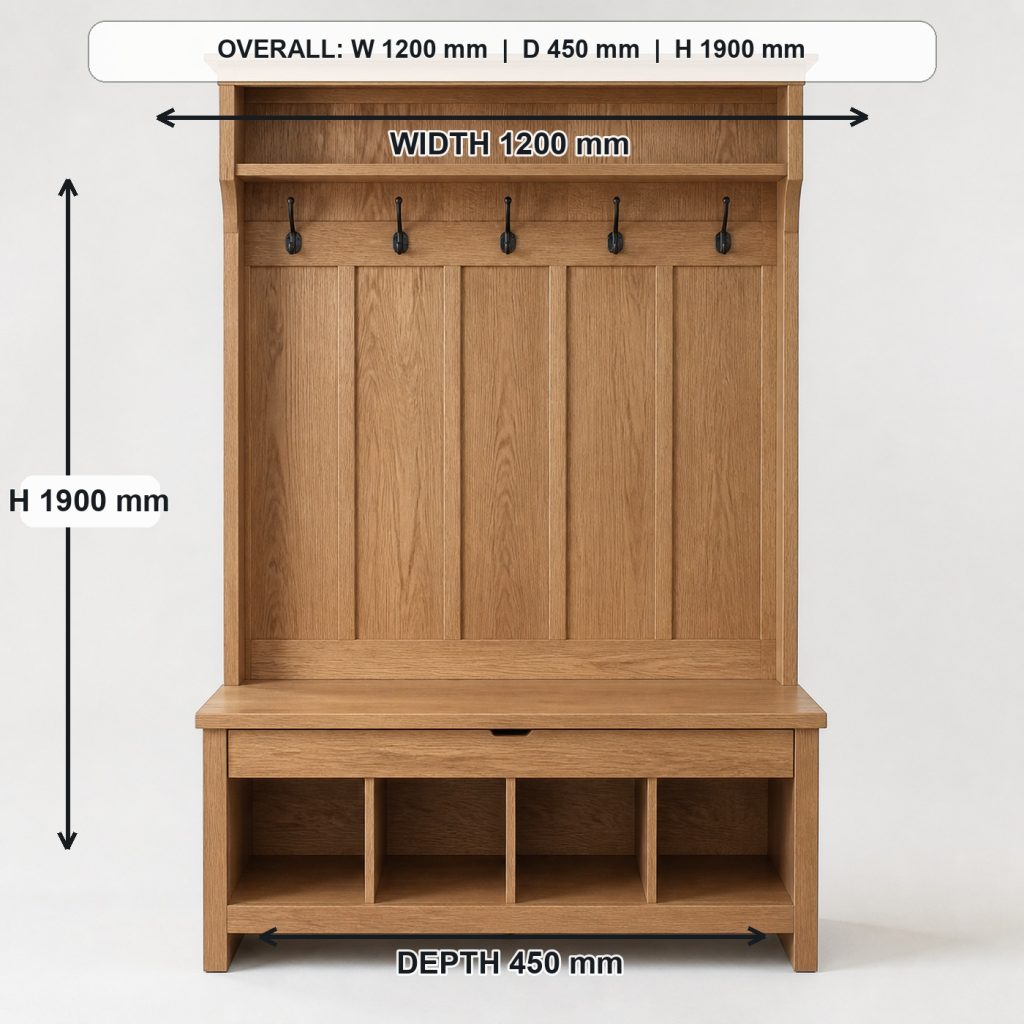 white-oak entryway hall tree and storage bench front elevation and overall proportions, overall dimensions 1200 mm wide x 450 mm deep x 1900 mm high
