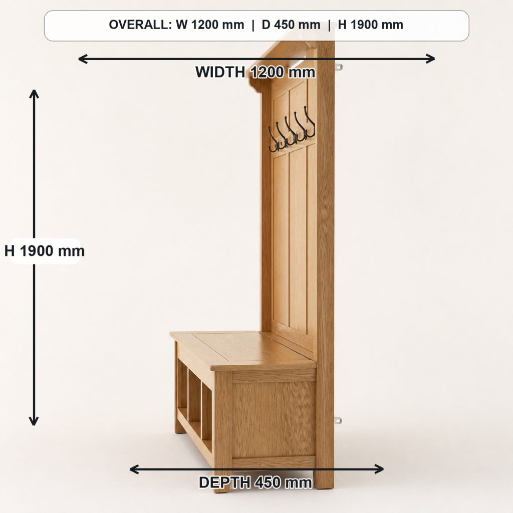 white-oak entryway hall tree and storage bench side elevation and depth, overall dimensions 1200 mm wide x 450 mm deep x 1900 mm high