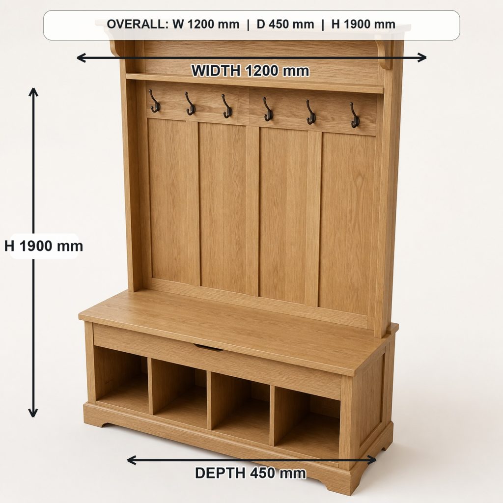 white-oak entryway hall tree and storage bench top view and usable surface, overall dimensions 1200 mm wide x 450 mm deep x 1900 mm high