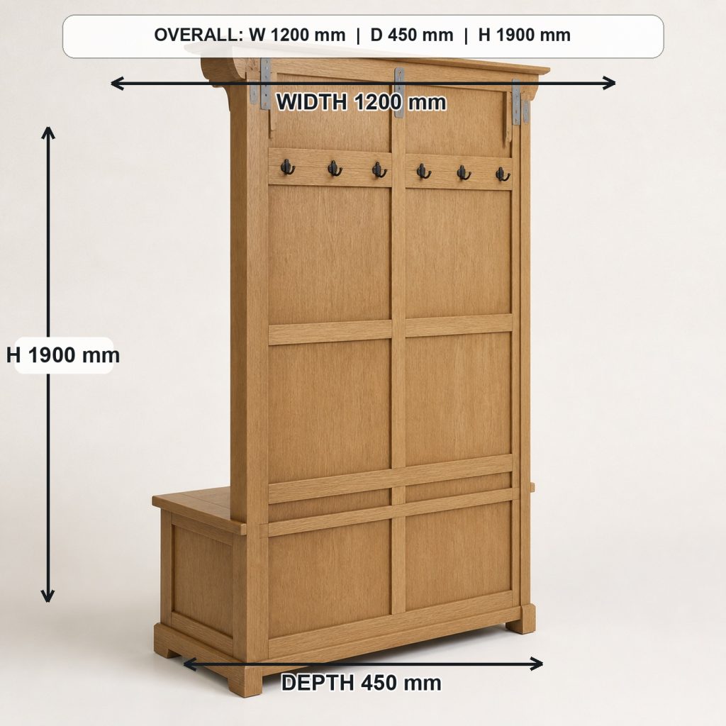 white-oak entryway hall tree and storage bench rear construction and support, overall dimensions 1200 mm wide x 450 mm deep x 1900 mm high