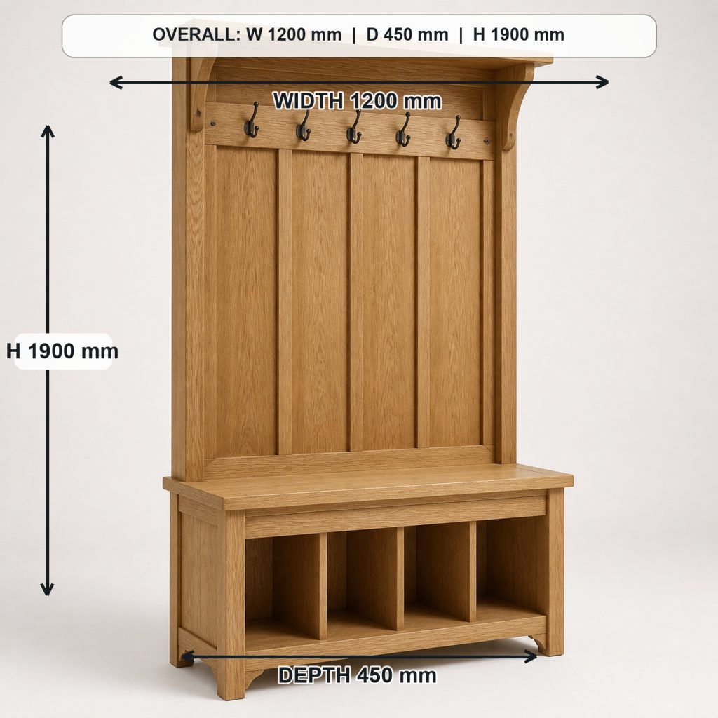 white-oak entryway hall tree and storage bench primary joinery detail, overall dimensions 1200 mm wide x 450 mm deep x 1900 mm high