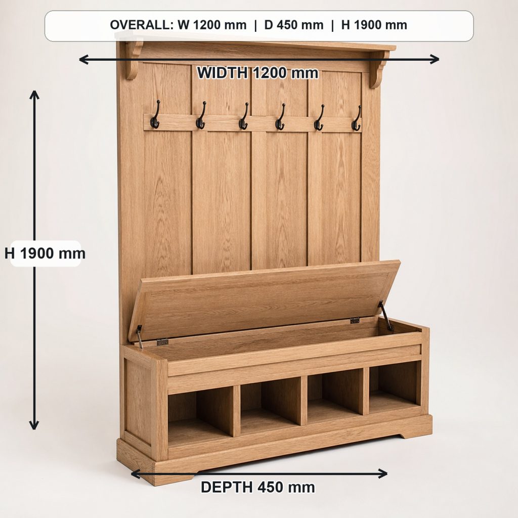 white-oak entryway hall tree and storage bench storage or functional detail, overall dimensions 1200 mm wide x 450 mm deep x 1900 mm high