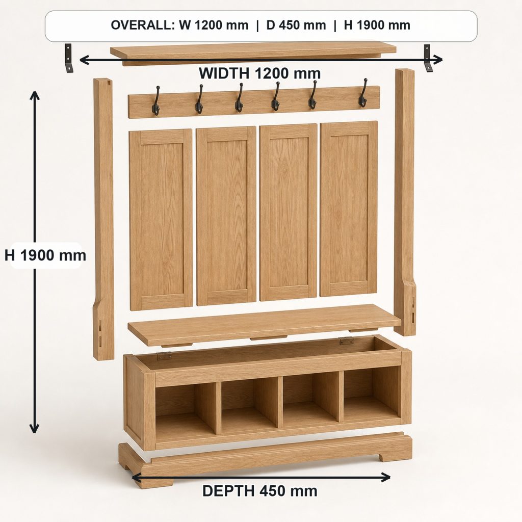 white-oak entryway hall tree and storage bench exploded construction overview, overall dimensions 1200 mm wide x 450 mm deep x 1900 mm high