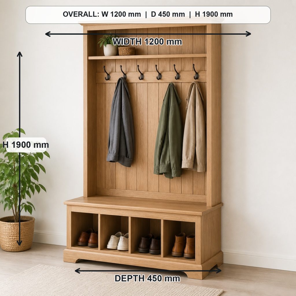 white-oak entryway hall tree and storage bench project shown in a real room, overall dimensions 1200 mm wide x 450 mm deep x 1900 mm high
