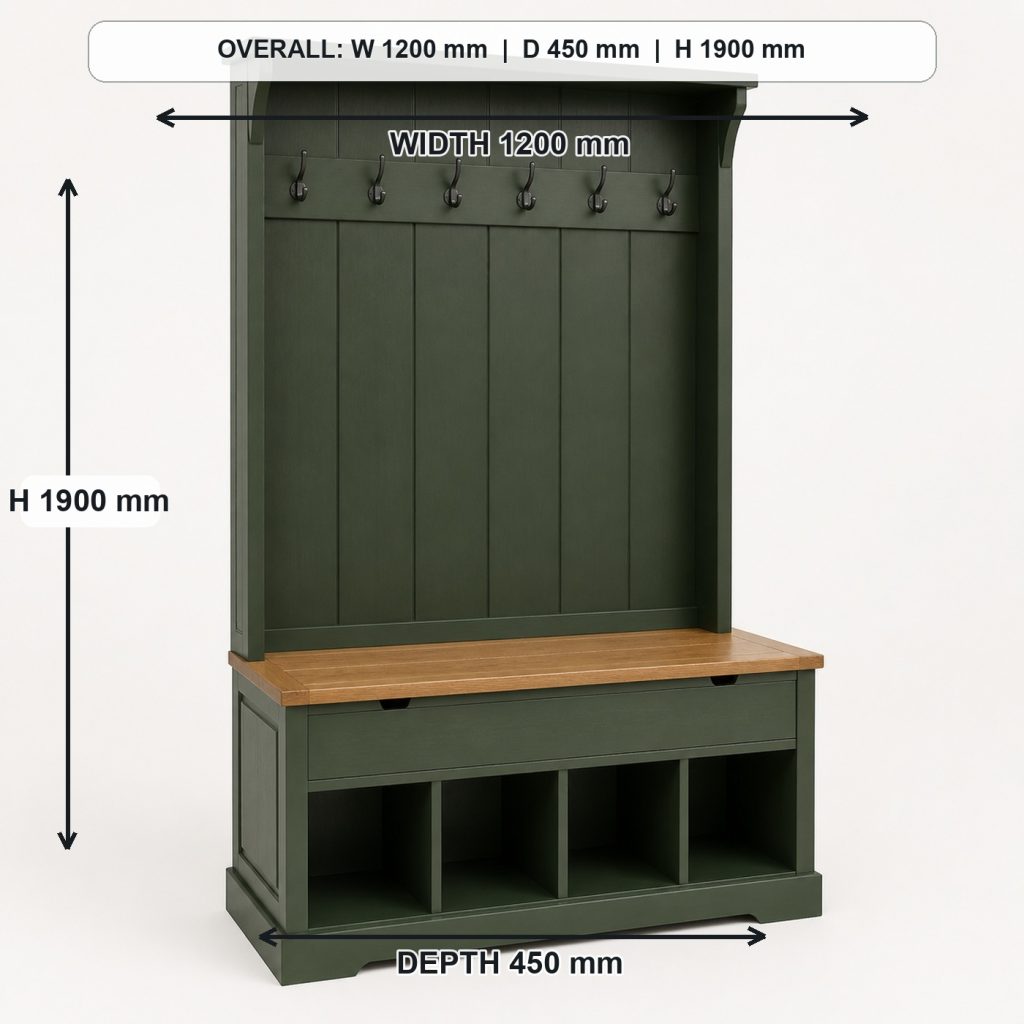 white-oak entryway hall tree and storage bench finished project variation, overall dimensions 1200 mm wide x 450 mm deep x 1900 mm high