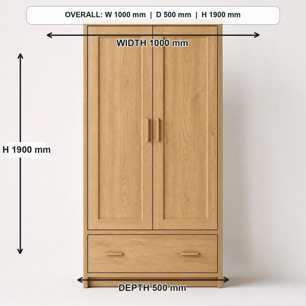 freestanding white-oak pantry cabinet front elevation and overall proportions, overall dimensions 1000 mm wide x 500 mm deep x 1900 mm high