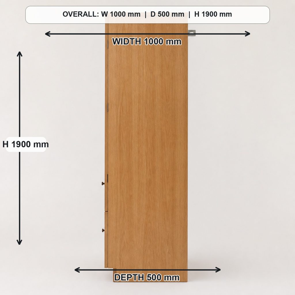 freestanding white-oak pantry cabinet side elevation and depth, overall dimensions 1000 mm wide x 500 mm deep x 1900 mm high