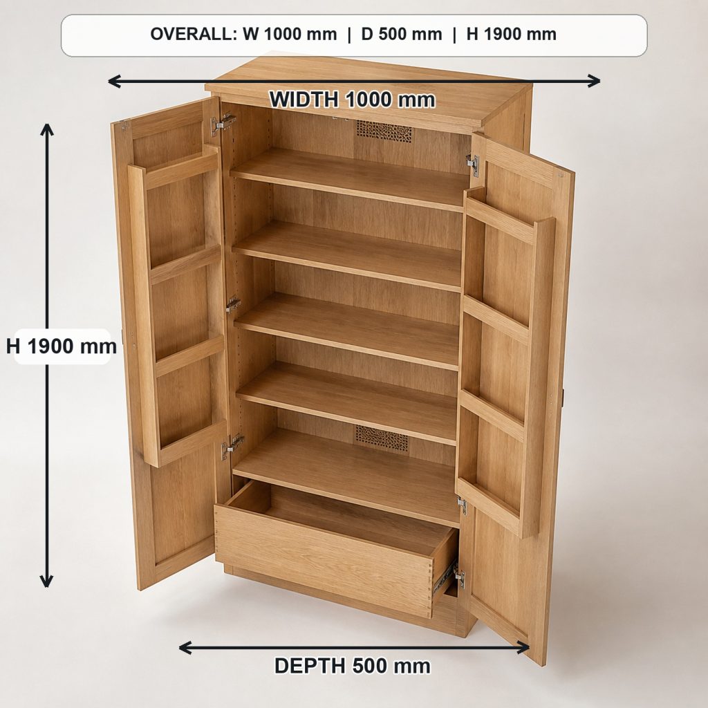 freestanding white-oak pantry cabinet top view and usable surface, overall dimensions 1000 mm wide x 500 mm deep x 1900 mm high