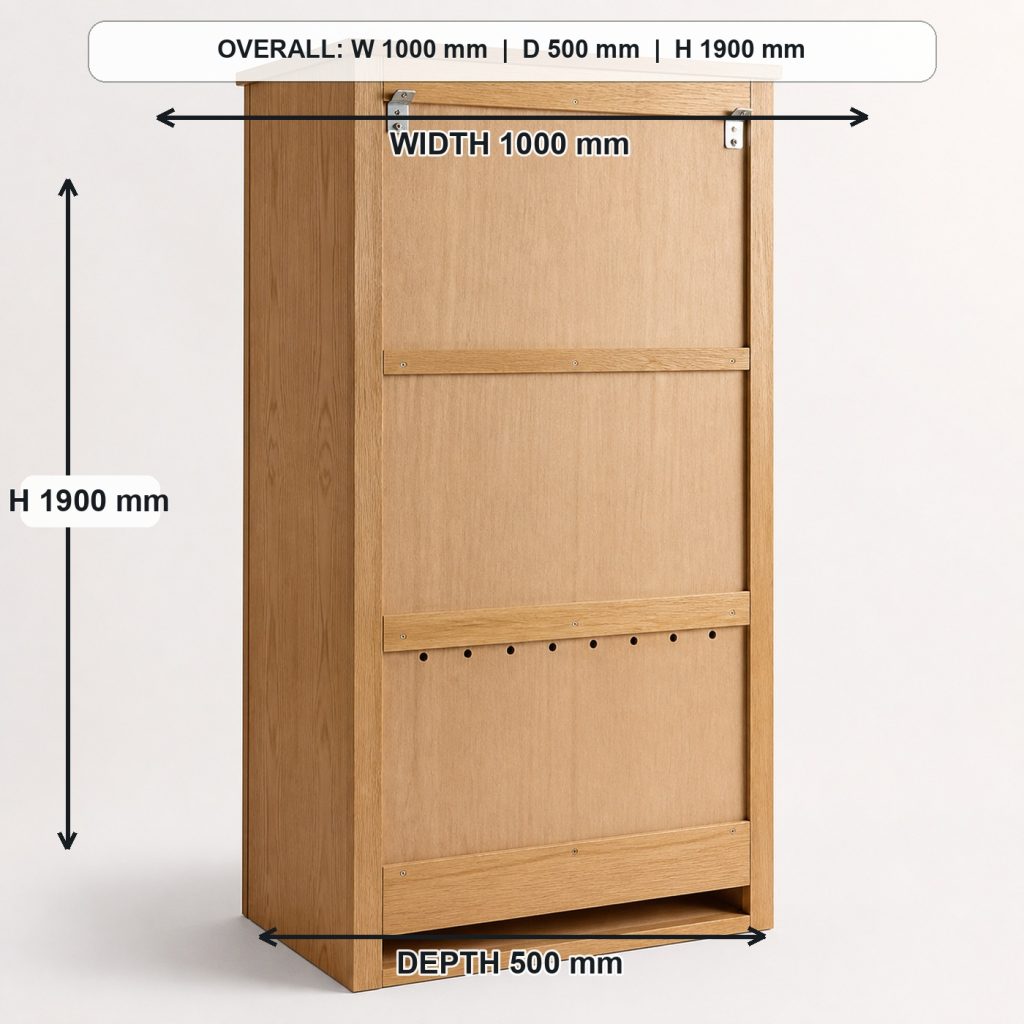freestanding white-oak pantry cabinet rear construction and support, overall dimensions 1000 mm wide x 500 mm deep x 1900 mm high