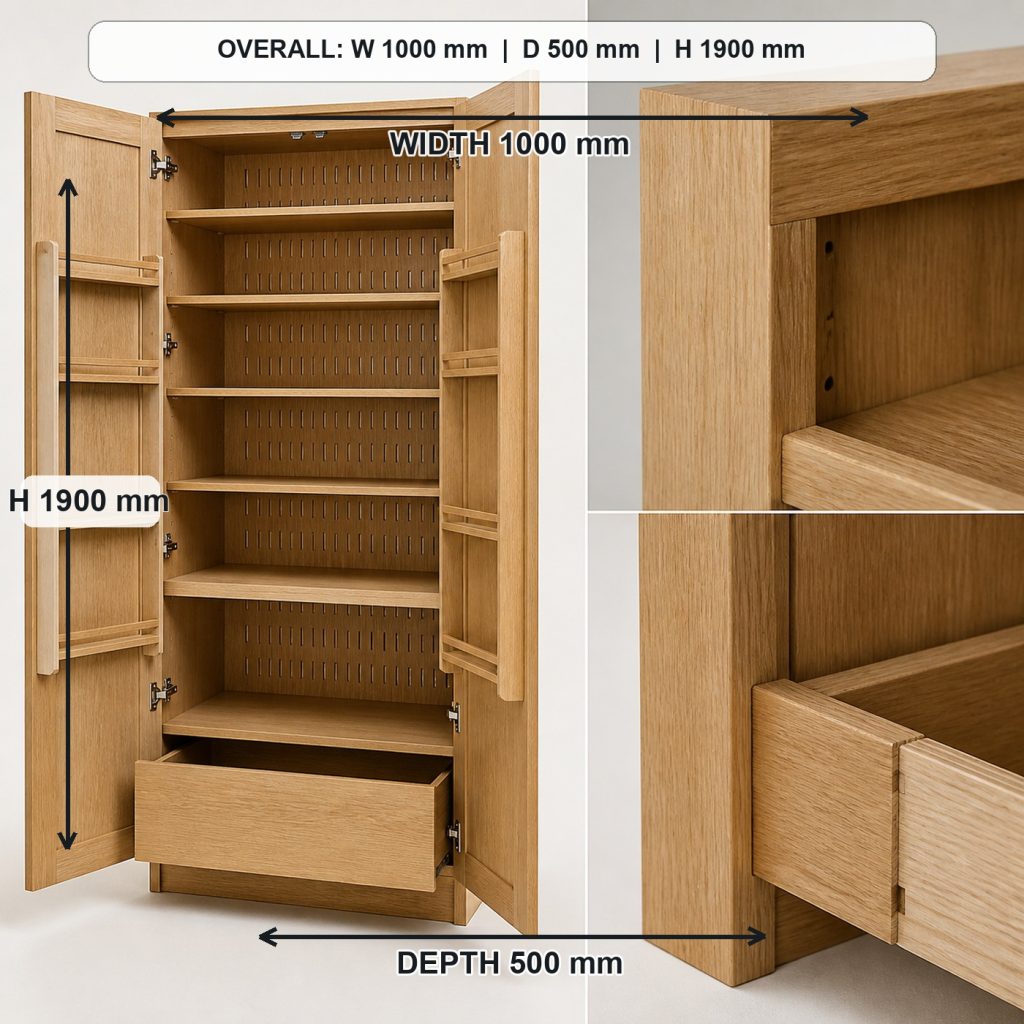 freestanding white-oak pantry cabinet primary joinery detail, overall dimensions 1000 mm wide x 500 mm deep x 1900 mm high