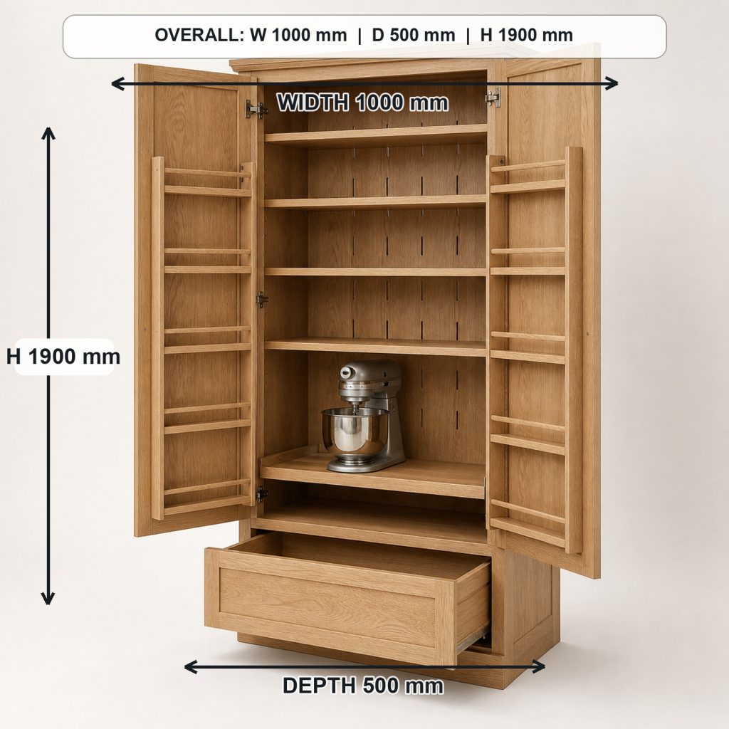 freestanding white-oak pantry cabinet storage or functional detail, overall dimensions 1000 mm wide x 500 mm deep x 1900 mm high