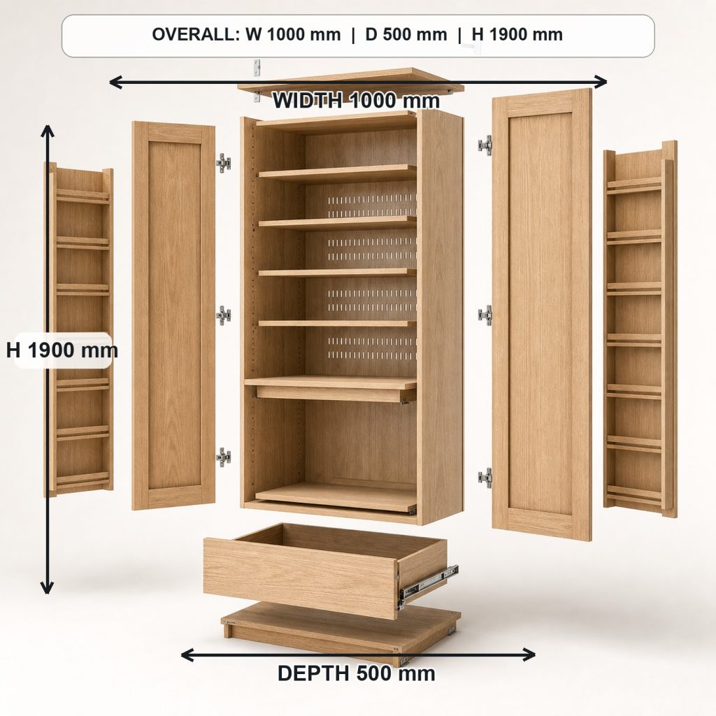 freestanding white-oak pantry cabinet exploded construction overview, overall dimensions 1000 mm wide x 500 mm deep x 1900 mm high