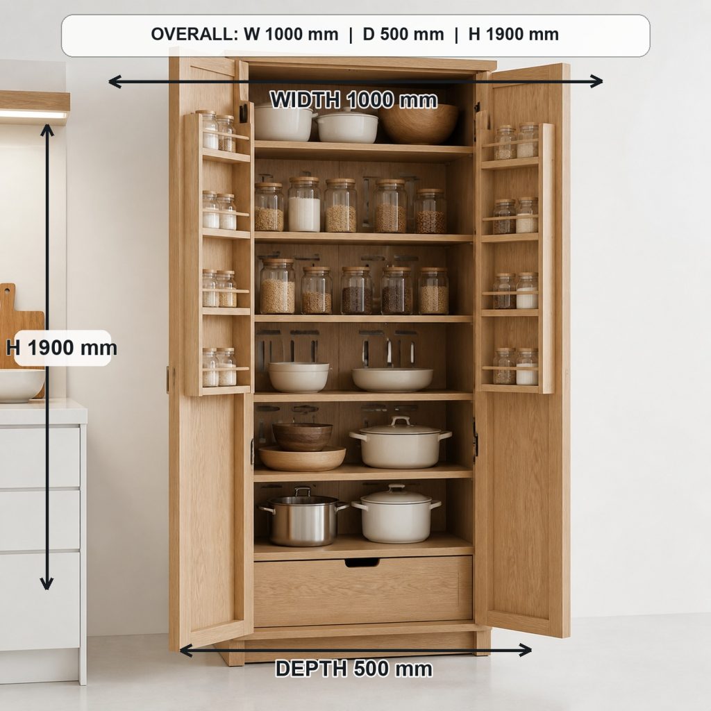 freestanding white-oak pantry cabinet project shown in a real room, overall dimensions 1000 mm wide x 500 mm deep x 1900 mm high