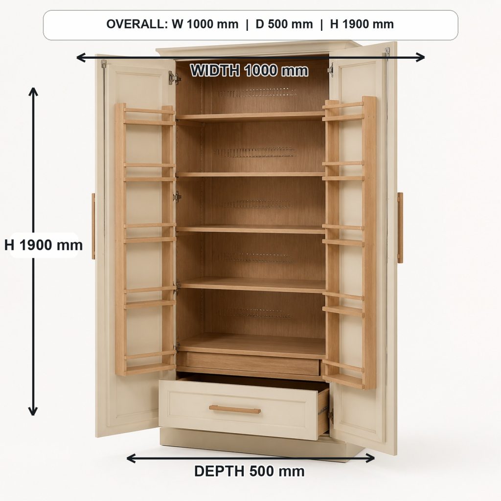 freestanding white-oak pantry cabinet finished project variation, overall dimensions 1000 mm wide x 500 mm deep x 1900 mm high