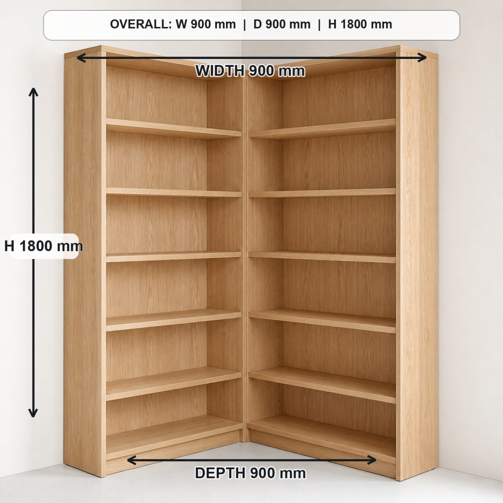 L-shaped ash corner bookshelf complete three-quarter project view, overall dimensions 900 mm along each wall x 900 mm corner footprint x 1800 mm high