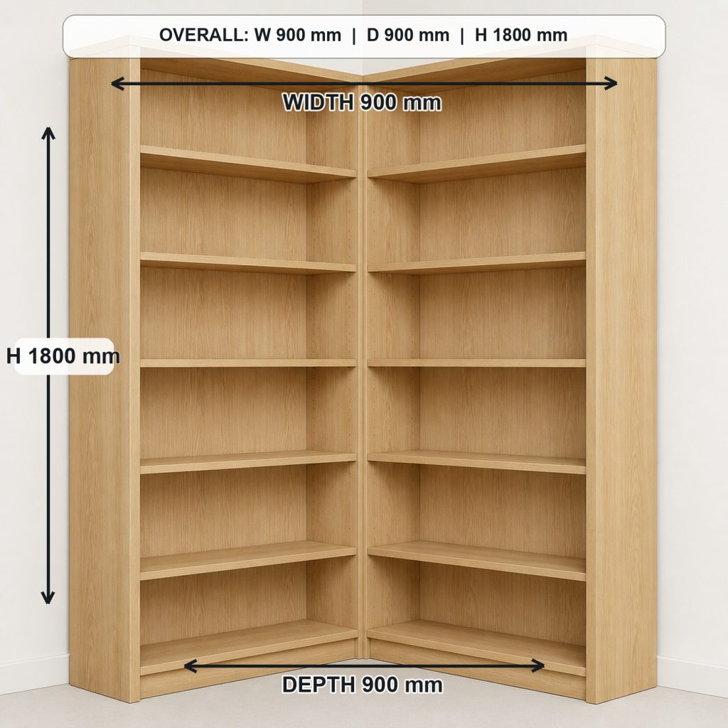 L-shaped ash corner bookshelf front elevation and overall proportions, overall dimensions 900 mm along each wall x 900 mm corner footprint x 1800 mm high