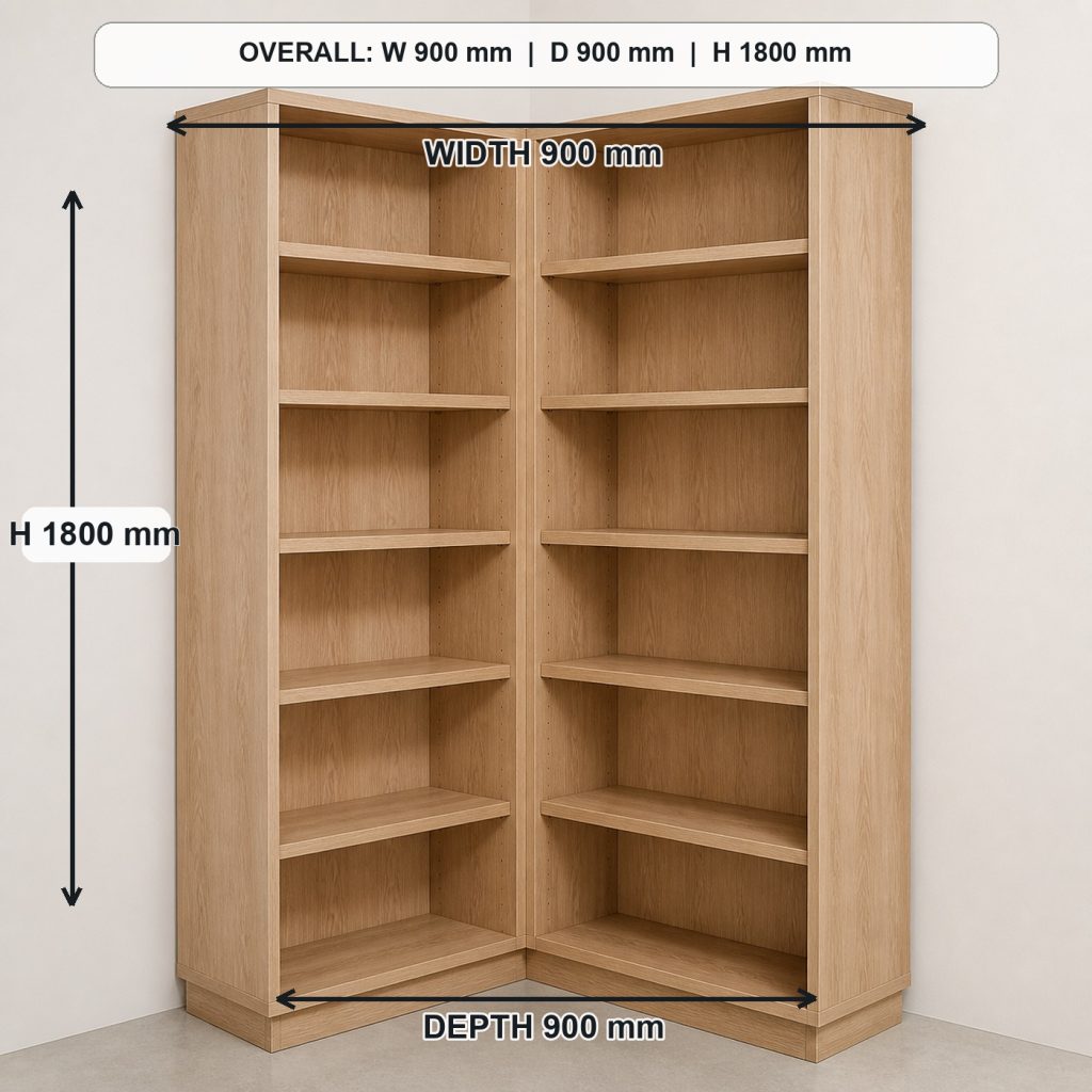 L-shaped ash corner bookshelf side elevation and depth, overall dimensions 900 mm along each wall x 900 mm corner footprint x 1800 mm high
