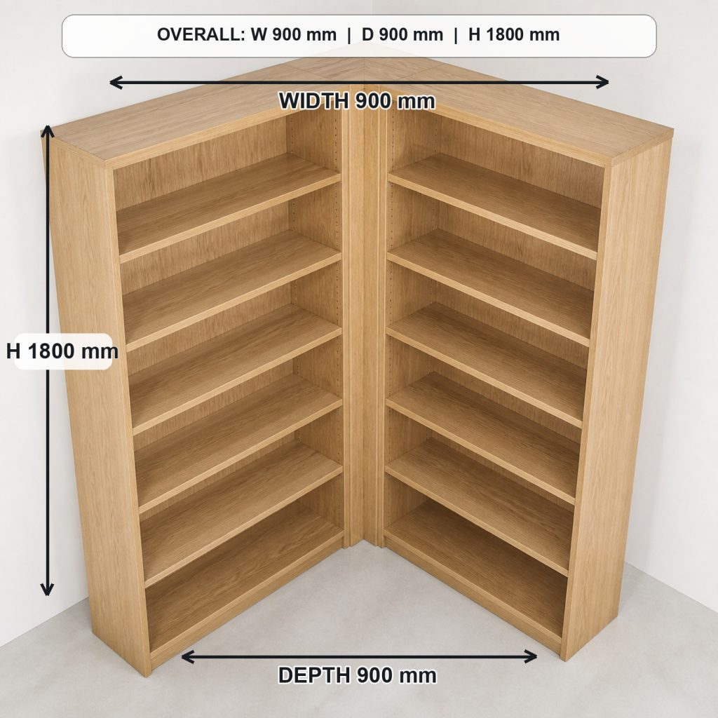 L-shaped ash corner bookshelf top view and usable surface, overall dimensions 900 mm along each wall x 900 mm corner footprint x 1800 mm high