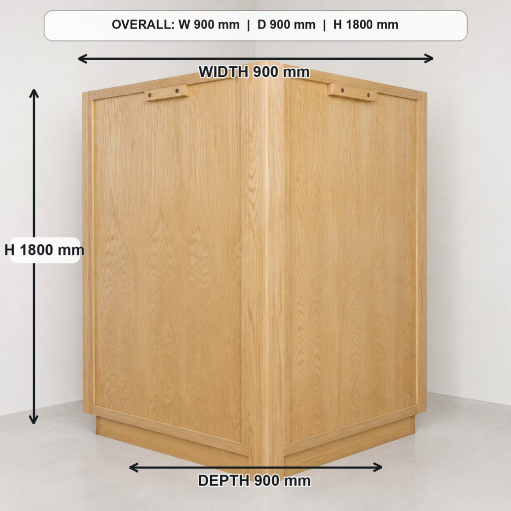 L-shaped ash corner bookshelf rear construction and support, overall dimensions 900 mm along each wall x 900 mm corner footprint x 1800 mm high