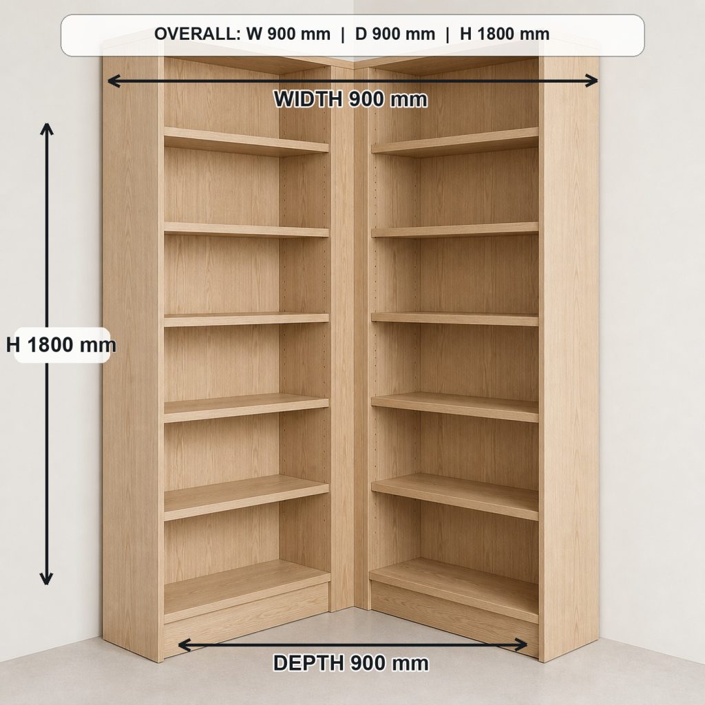 L-shaped ash corner bookshelf primary joinery detail, overall dimensions 900 mm along each wall x 900 mm corner footprint x 1800 mm high