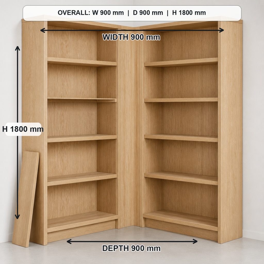 L-shaped ash corner bookshelf storage or functional detail, overall dimensions 900 mm along each wall x 900 mm corner footprint x 1800 mm high