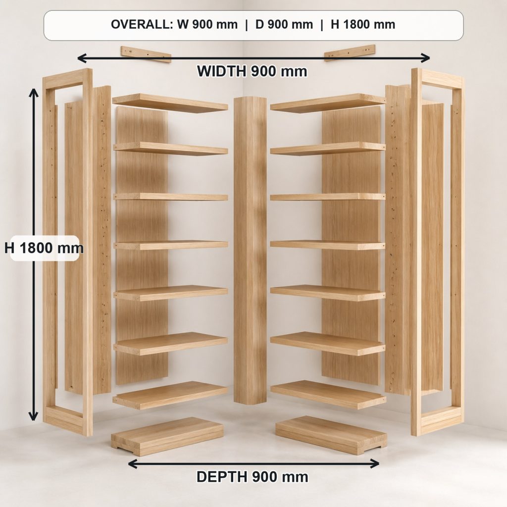 L-shaped ash corner bookshelf exploded construction overview, overall dimensions 900 mm along each wall x 900 mm corner footprint x 1800 mm high