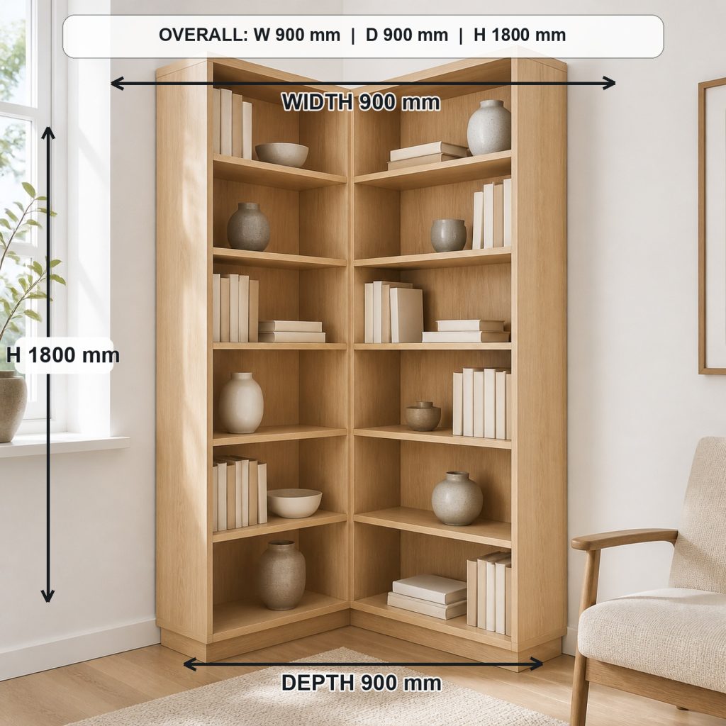 L-shaped ash corner bookshelf project shown in a real room, overall dimensions 900 mm along each wall x 900 mm corner footprint x 1800 mm high