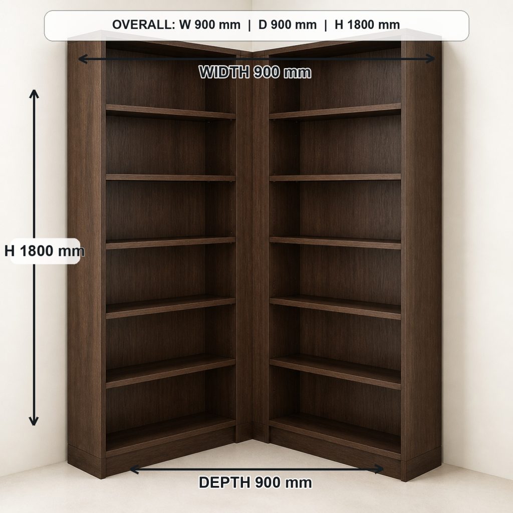 L-shaped ash corner bookshelf finished project variation, overall dimensions 900 mm along each wall x 900 mm corner footprint x 1800 mm high