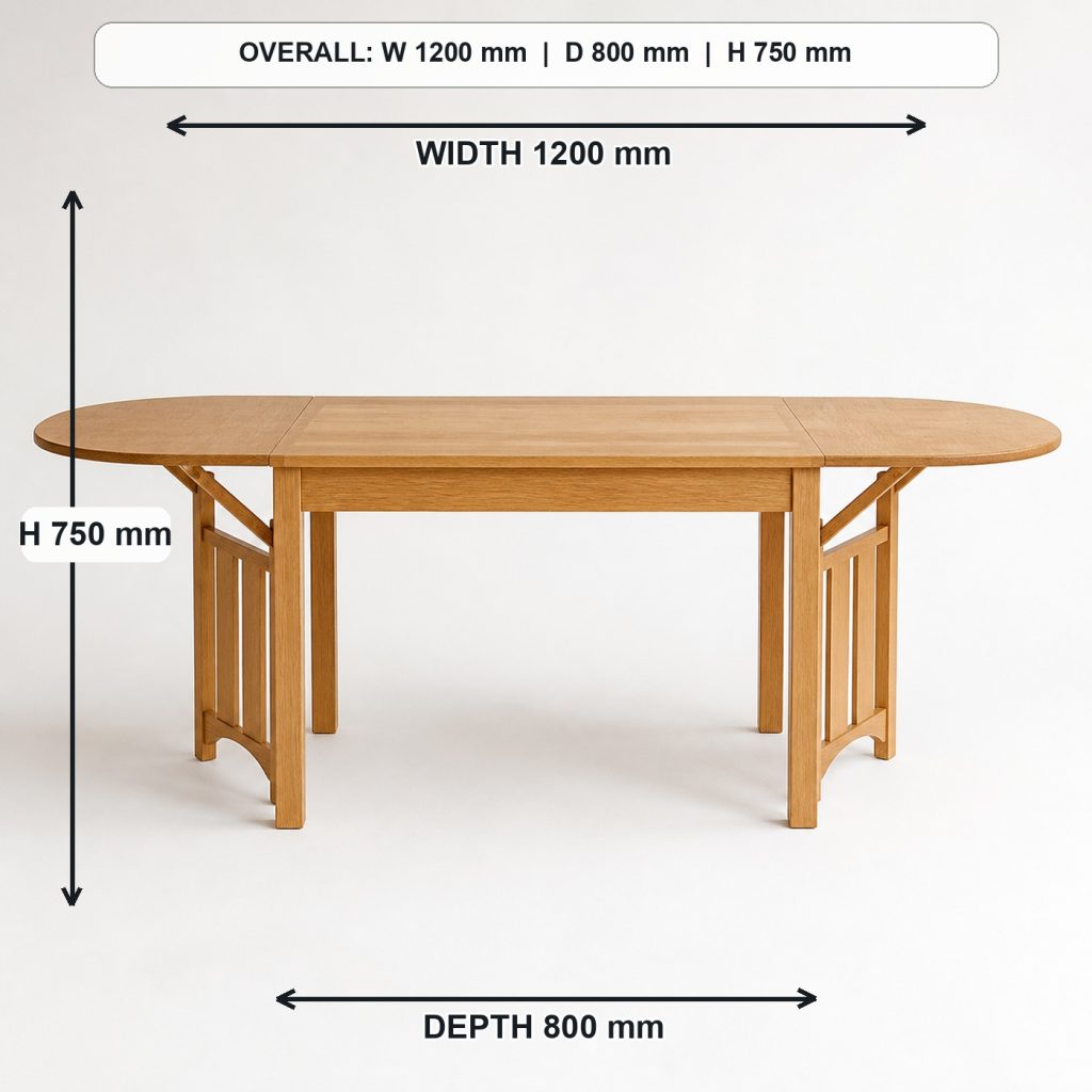 solid-oak drop-leaf dining table front elevation and overall proportions, overall dimensions 1200 mm wide x 800 mm deep x 750 mm high when fully open