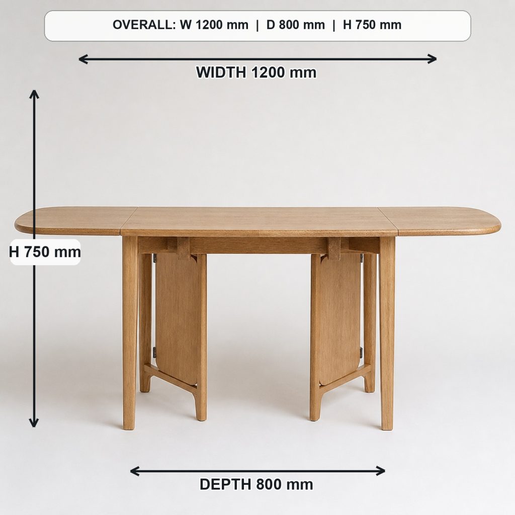 solid-oak drop-leaf dining table side elevation and depth, overall dimensions 1200 mm wide x 800 mm deep x 750 mm high when fully open