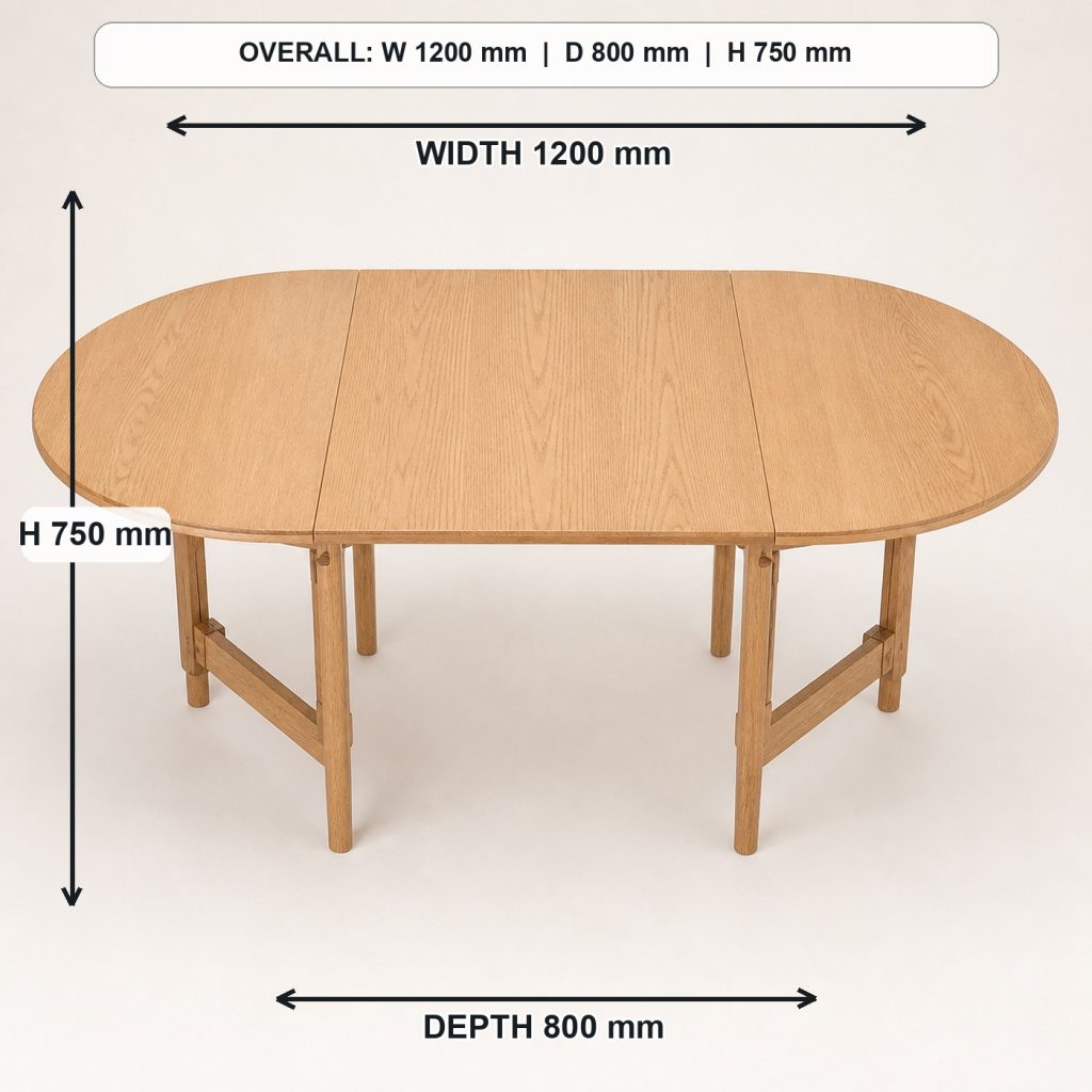 solid-oak drop-leaf dining table top view and usable surface, overall dimensions 1200 mm wide x 800 mm deep x 750 mm high when fully open
