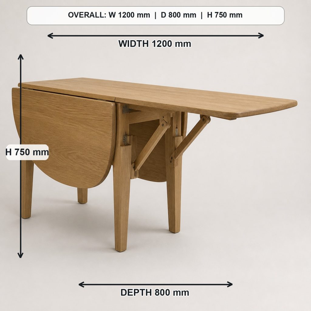 solid-oak drop-leaf dining table rear construction and support, overall dimensions 1200 mm wide x 800 mm deep x 750 mm high when fully open